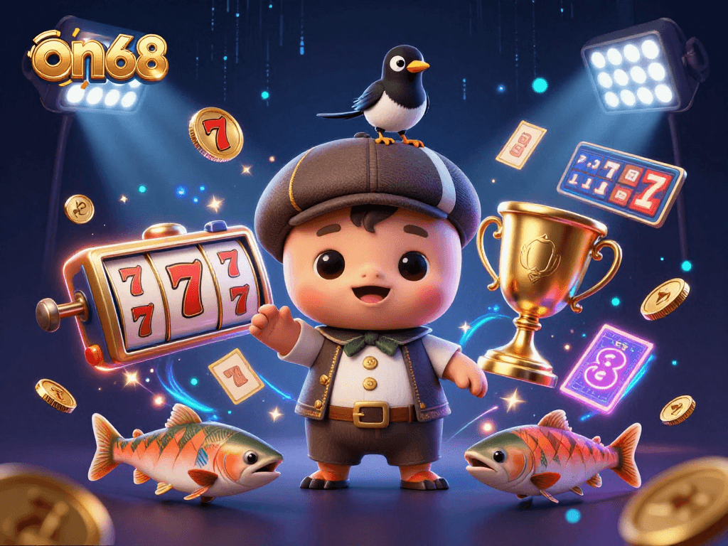 Win big with on68's vibrant slot games featuring a playful baby Nessie and friends!