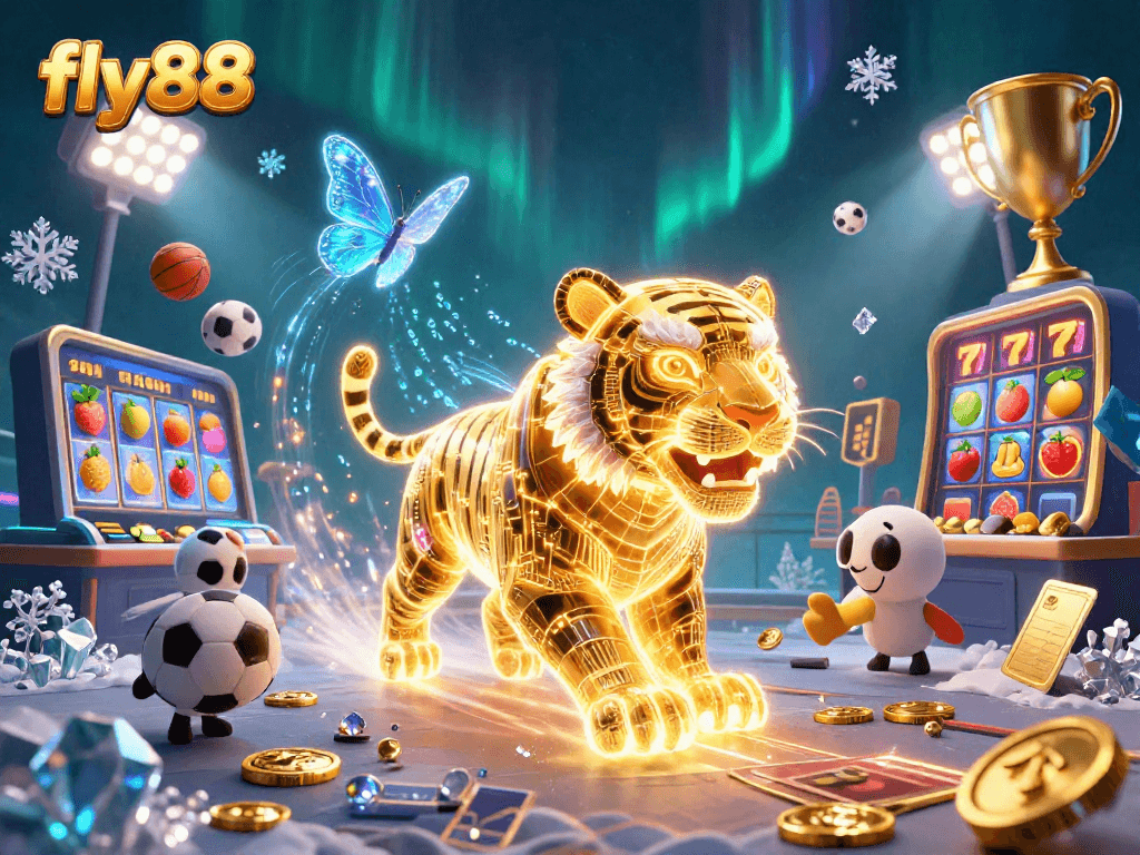Experience excitement with fly88 in this vibrant casino illustration showcasing a neon tiger among dynamic game elements.