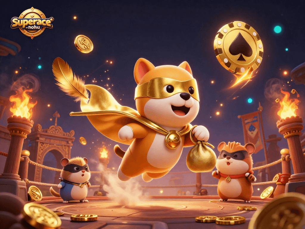 Experience the excitement of superace-nohu with this dynamic 3D illustration featuring a superhero dog and hamster.