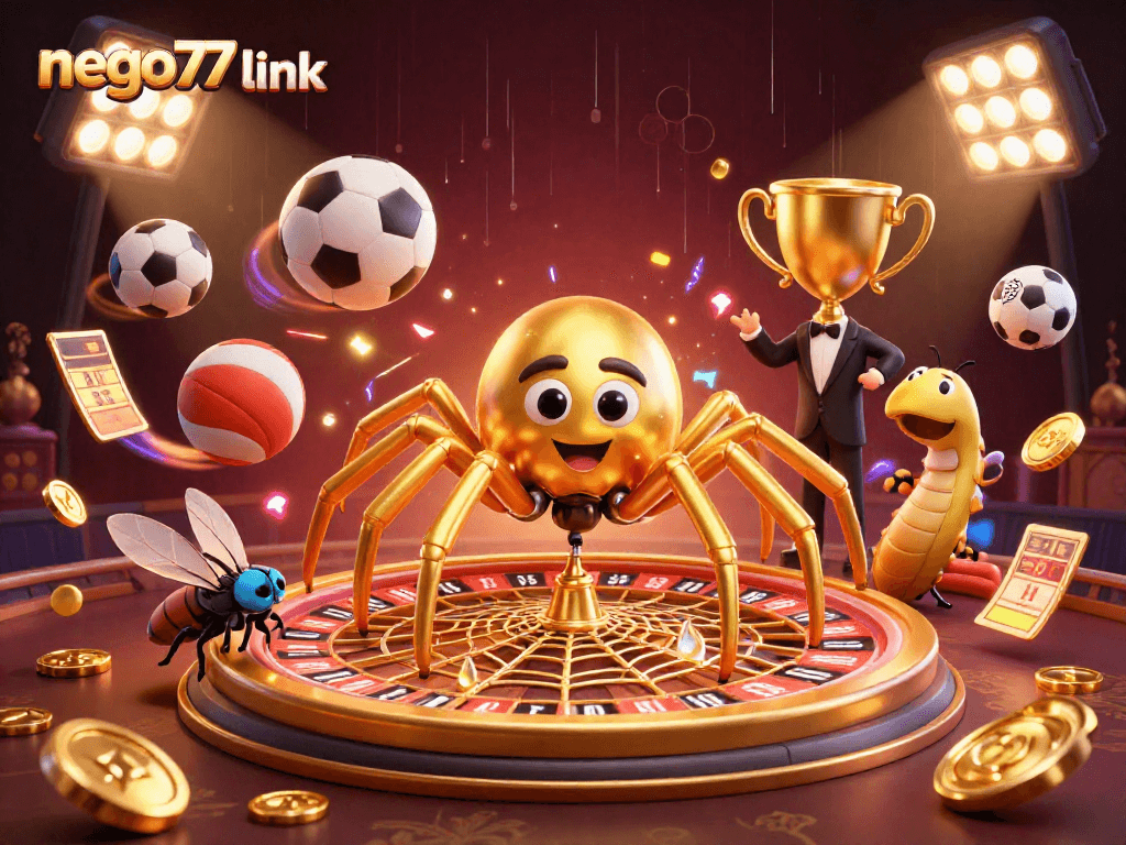 Bet on the exciting nego77 link with a golden spider and centipede in a vibrant casino scene.