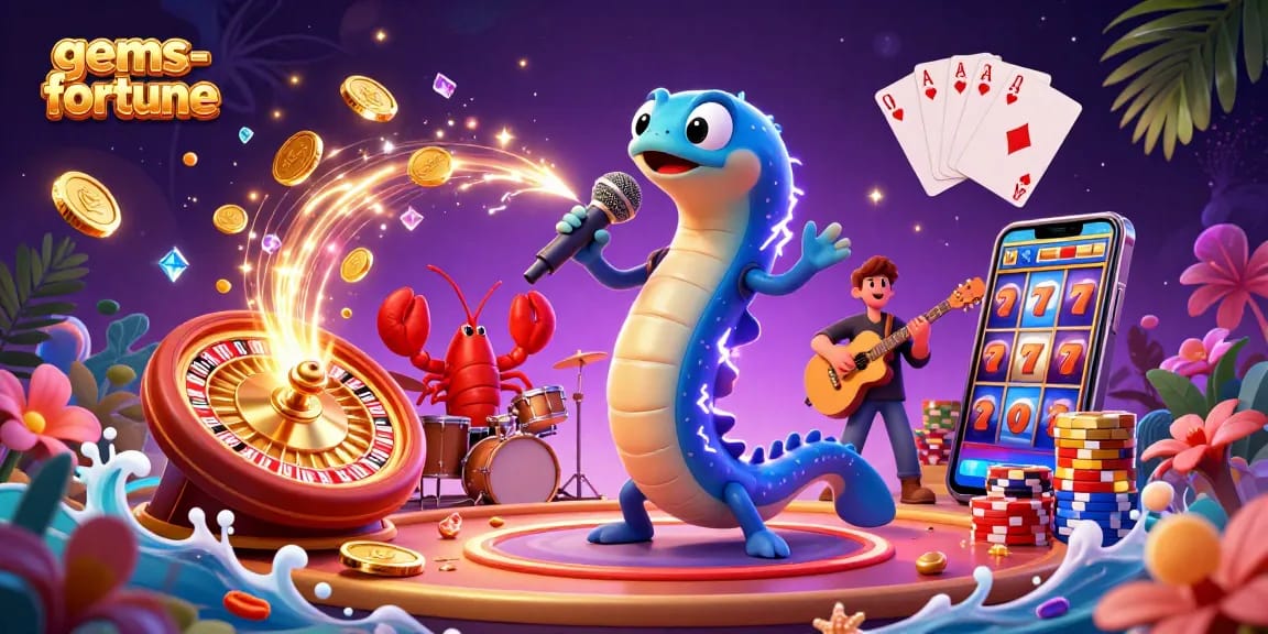 Experience the excitement of gems-fortune as an electric eel DJ performs on an underwater casino stage.