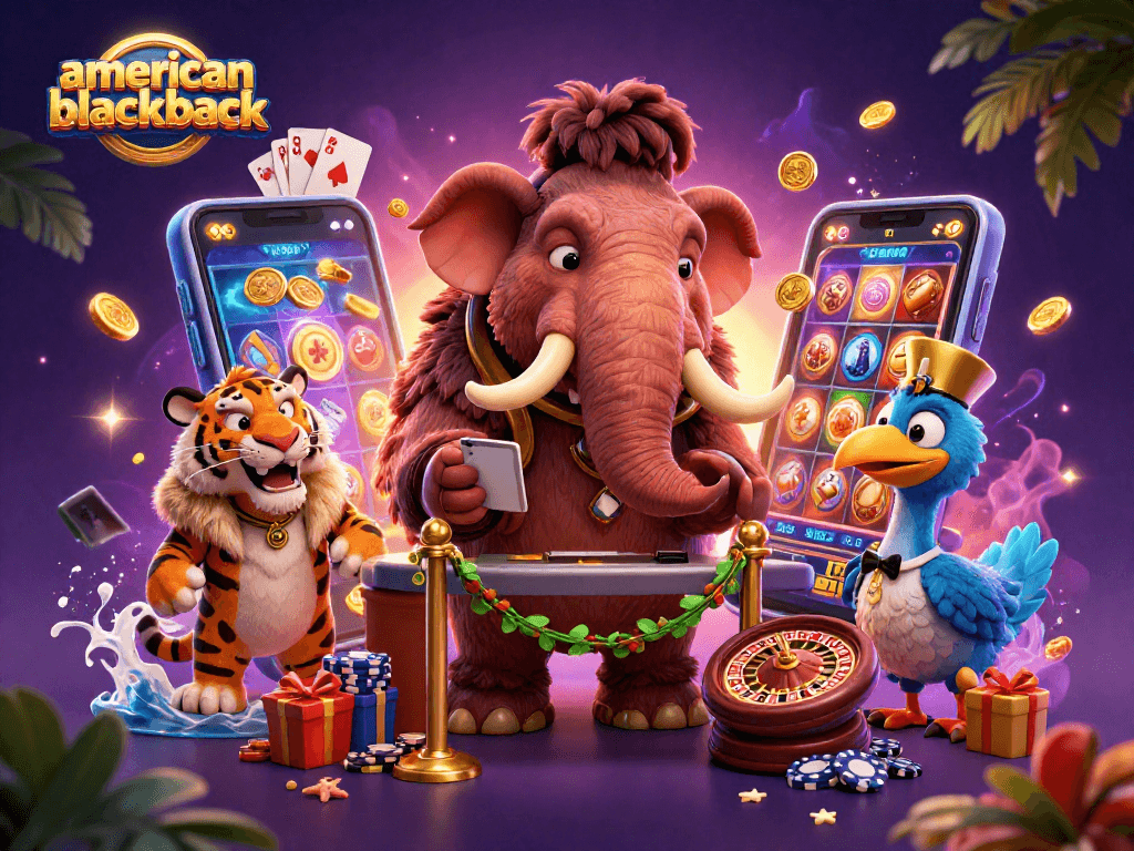 Join the thrilling action of american-blackjack with a vibrant casino scene showcasing characters and games.