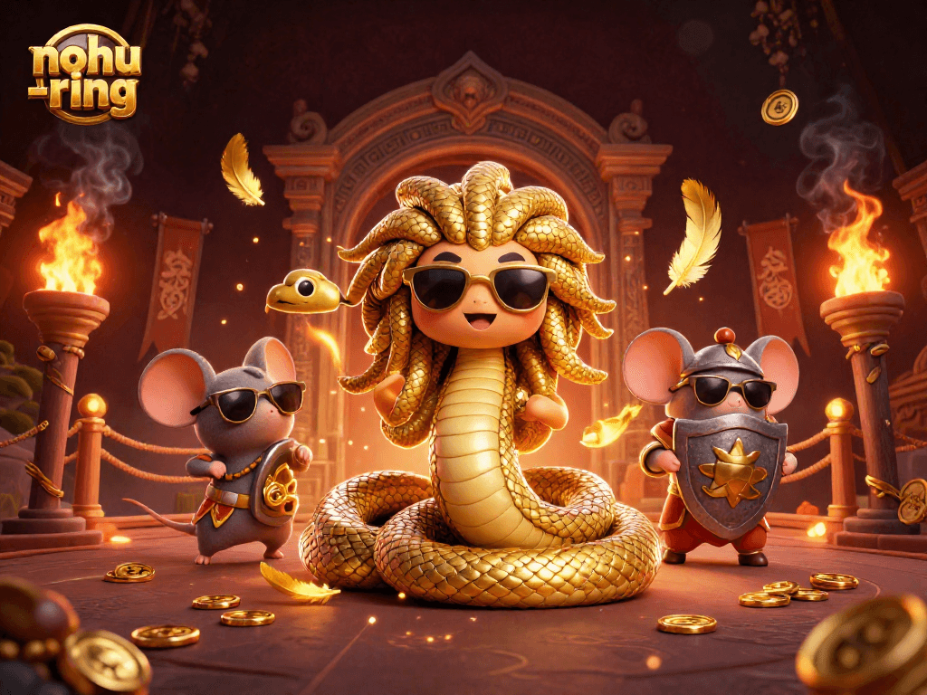 Experience the thrill of nohu-ring with friendly Medusa and a warrior in a vibrant casino scene.