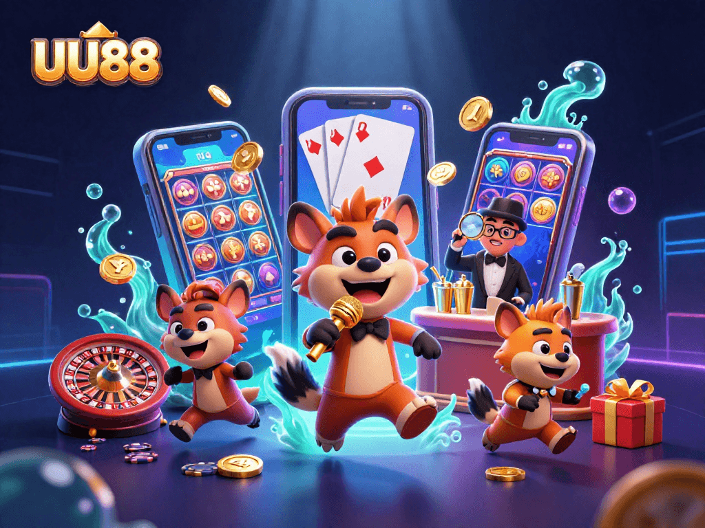 UU88 gaming hyenas run a comedy casino with vibrant slot games and cocktails.