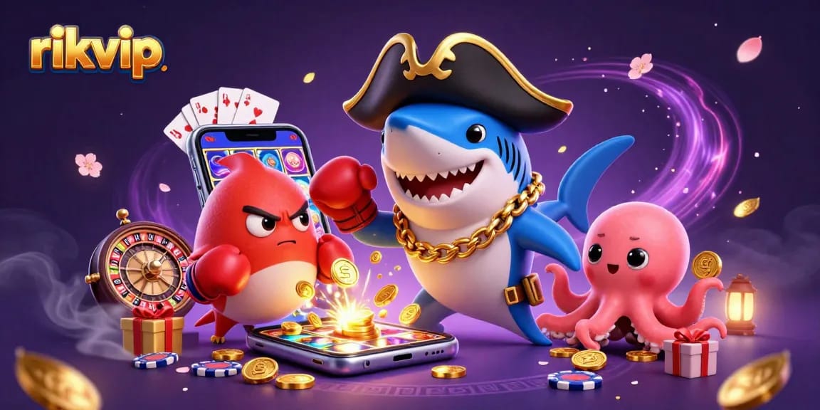 Join the thrill of rikvip gaming with a pirate shark, pufferfish, and octopus in a vibrant casino scene.