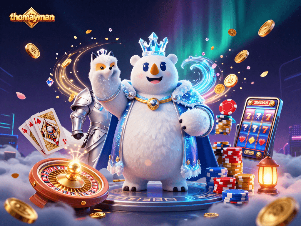 Join the fun with thomayman, featuring a cheerful polar bear and fox amidst a vibrant casino atmosphere.