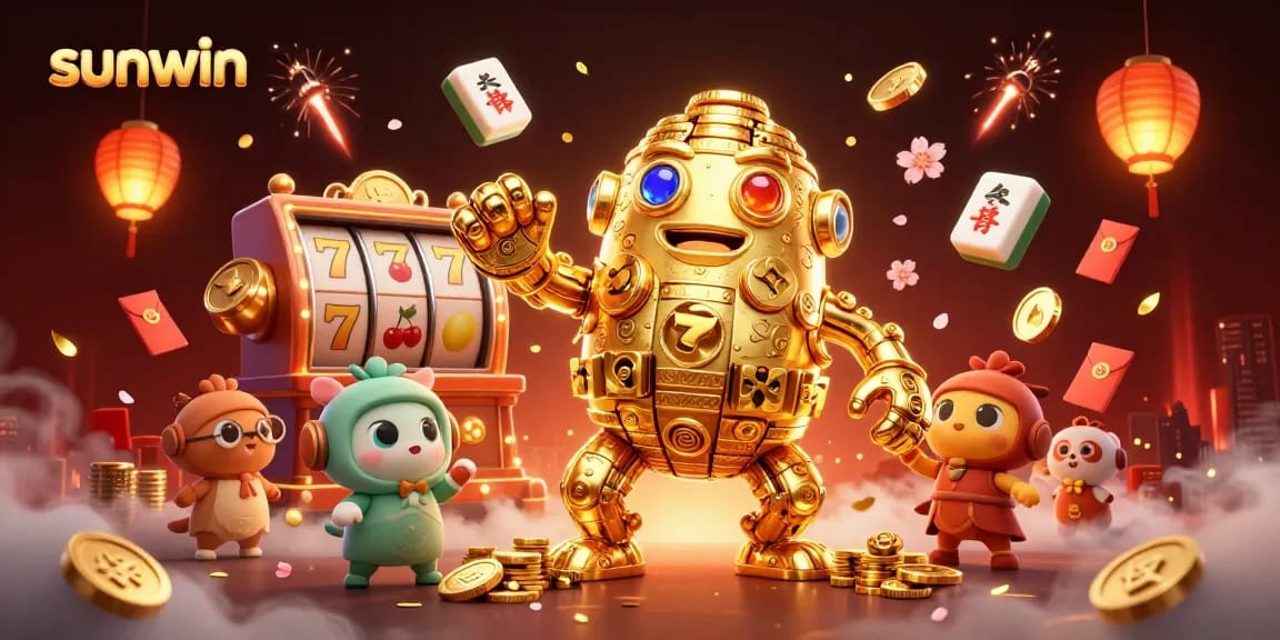 Experience thrilling moments at sunwin with ancient golden golem amid slot reels and festive elements.