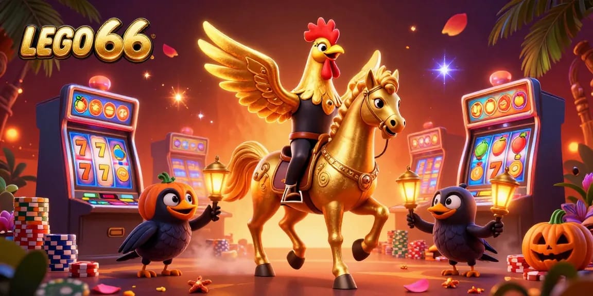 Lego66 depicts a golden rooster in a casino, surrounded by rolling slot machines and vibrant gaming energy.