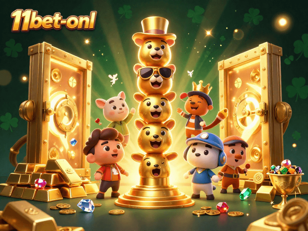 Experience the vibrant casino world with 11bet-onl's dazzling 3D totem and treasures.