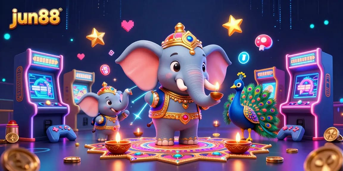 Play exciting games at jun88 with our vibrant casino-themed illustration featuring a cartoon elephant.