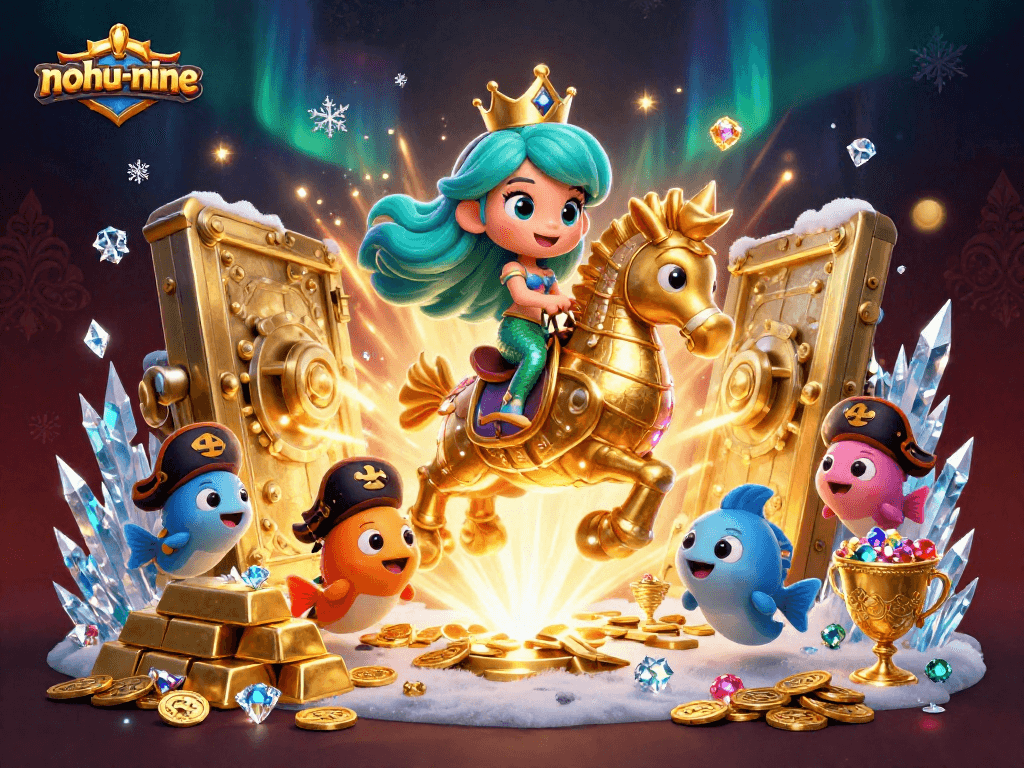 Join the excitement of nohu-nine amidst treasures and playful characters in this vibrant 3D casino scene.
