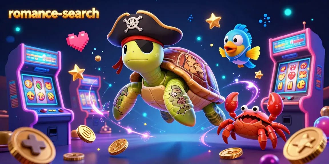 Engage with the thrilling world of romance-search showcasing an adventurous turtle and friends exploring colorful casino slot machines.