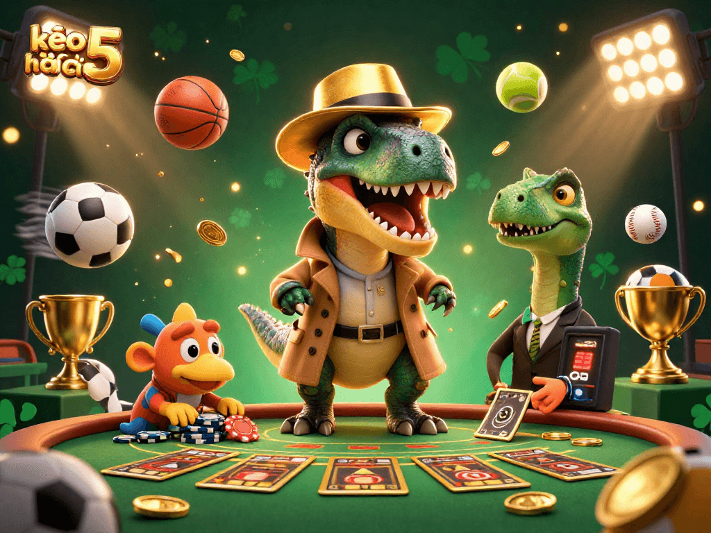 Engage with kèo nhà cái 5 for dynamic sports betting action featuring cartoon dinosaurs.
