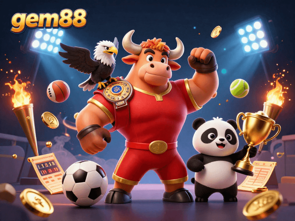 gem88 celebrates sports betting with dynamic characters, vibrant elements, and casino excitement.