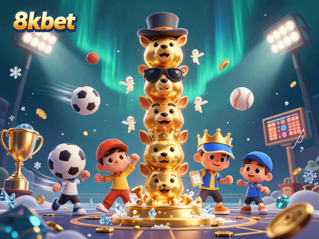 Immerse yourself in 8kbet's vibrant casino atmosphere with engaging characters and sports elements.