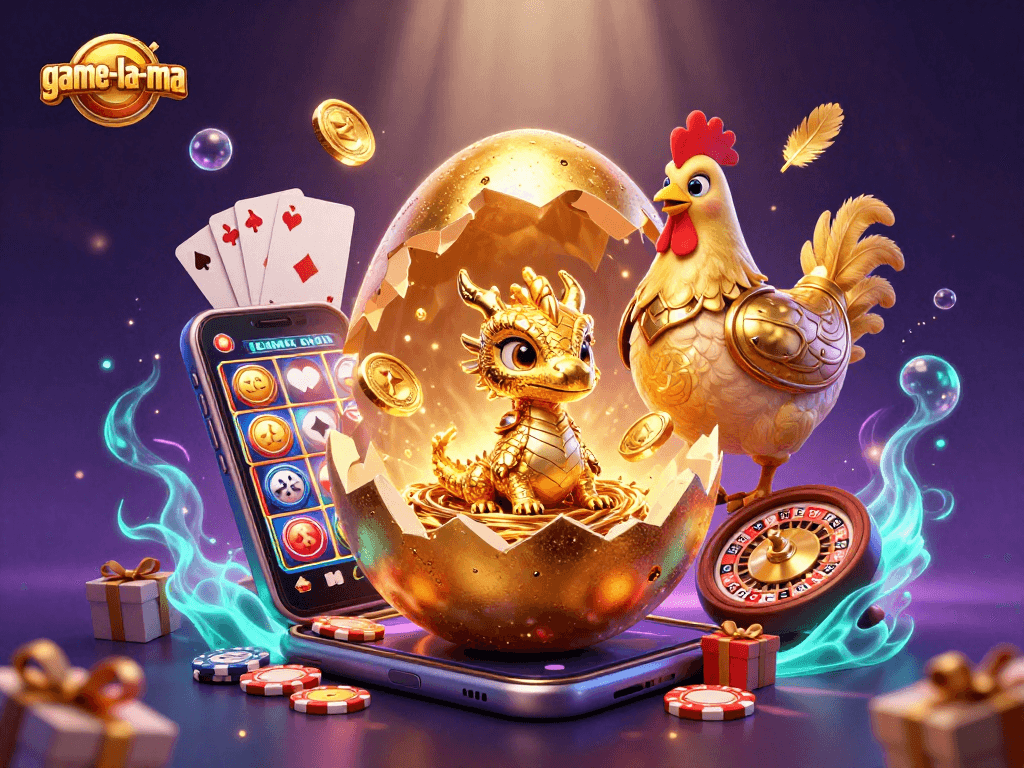 Experience game-la-ma's gaming excitement with a golden dragon amidst casino treasures.