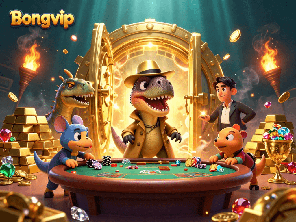 Bongvip attracts players with an intriguing illustration of cartoon dinosaurs gambling at a blackjack table amidst treasures.