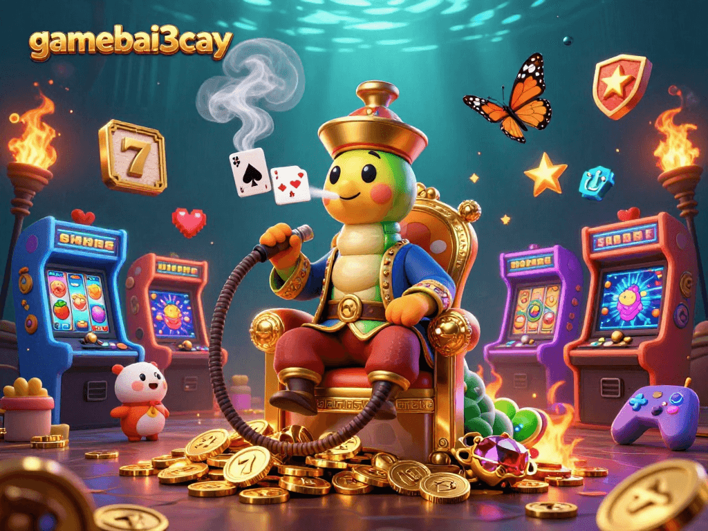 Experience thrilling gaming adventures with gamebai3cay's luxurious 3D caterpillar casino scene.