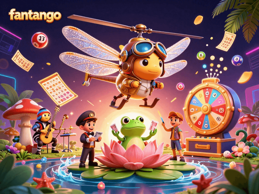 Experience fantango excitement with vibrant casino action, colorful lottery balls, and lively characters.