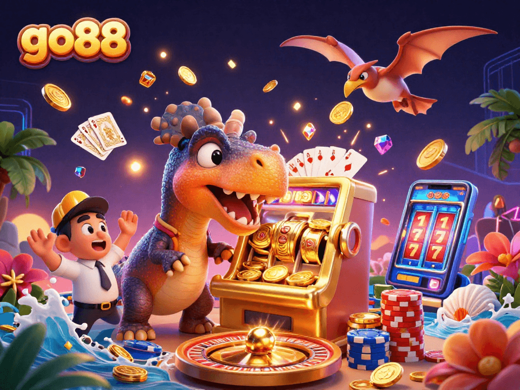go88 casino scene with a pachycephalosaurus jackpot explosion and flying coins
