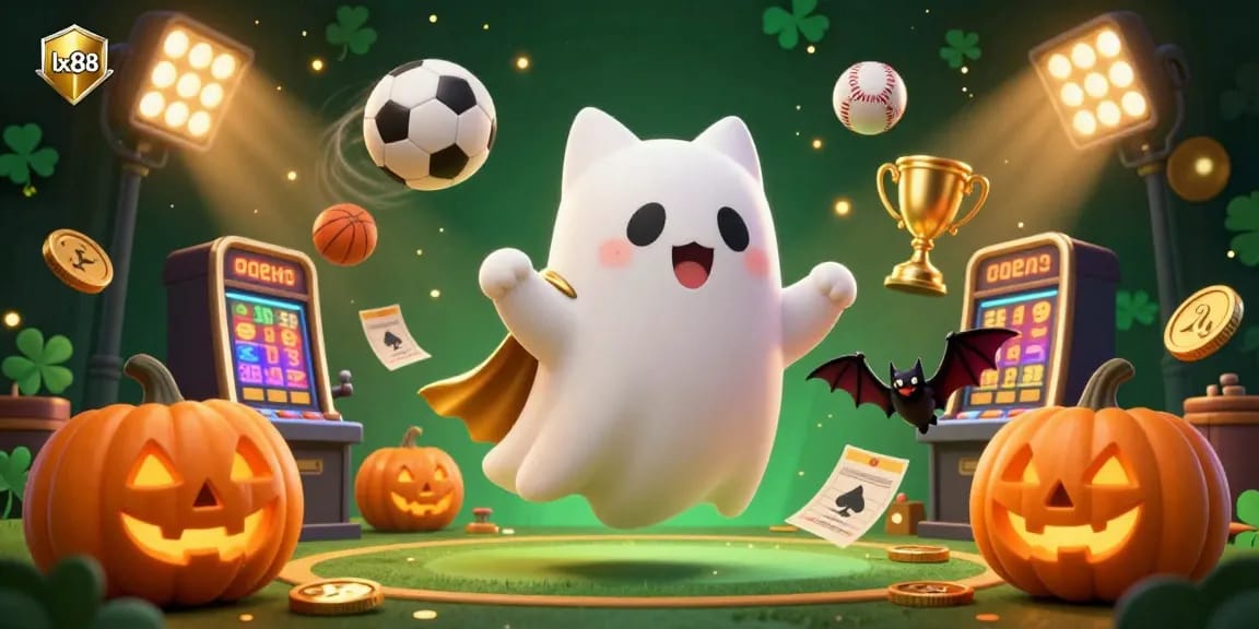 Experience the thrill of lx88 in this vibrant haunted casino scene with a ghost cat, vampire bat, and glowing pumpkins.