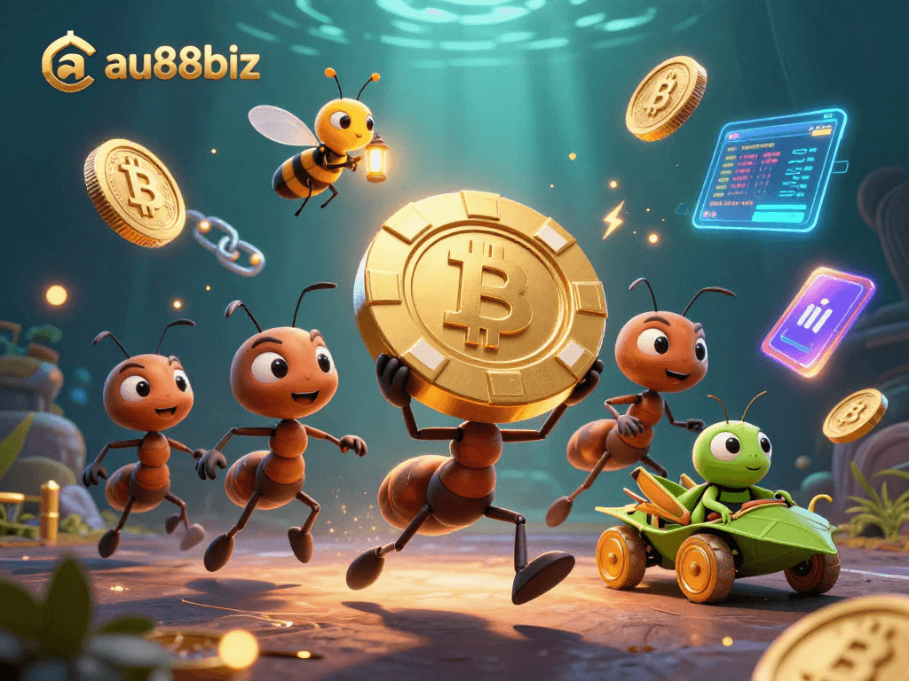 Engage with the vibrant heist scene of ants at au88biz, showcasing golden poker chips and crypto elements.