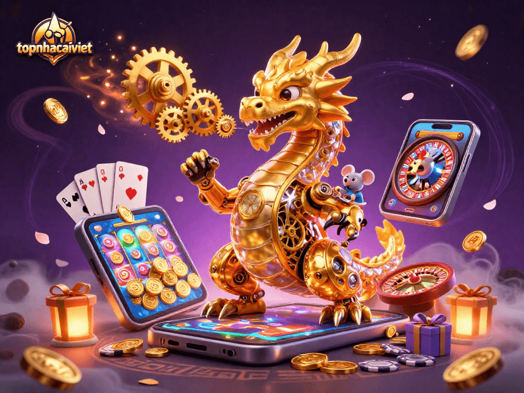 Engage with thrilling gaming at topnhacaiviet, where a golden dragon and mouse engineer reveal vibrant slot games.