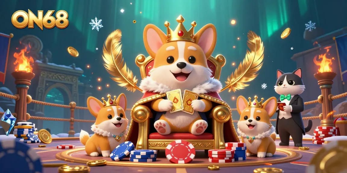 Celebrate winning moments at ON68 with vibrant characters and dynamic casino elements in a stunning 3D scene.