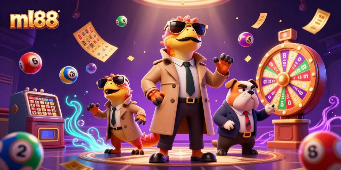 Play the ml88 slots and lottery in a vibrant casino scene with raptors in a trench coat.