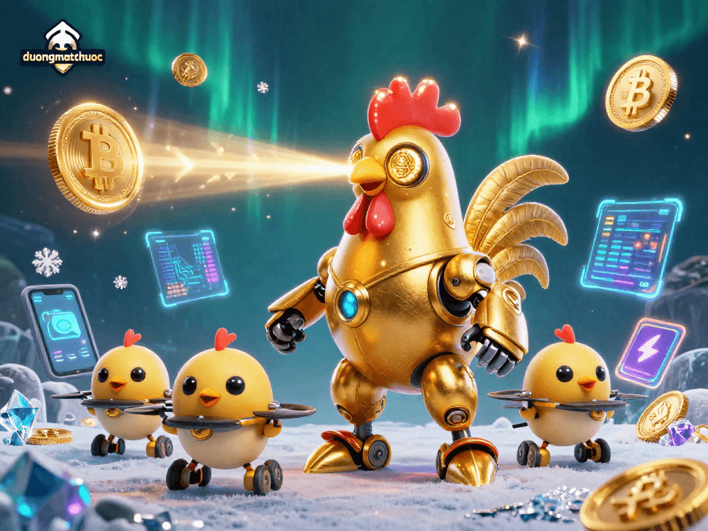 Experience exciting duongmatchuoc adventures with golden rooster robot and baby chick drones amidst vibrant casino elements.