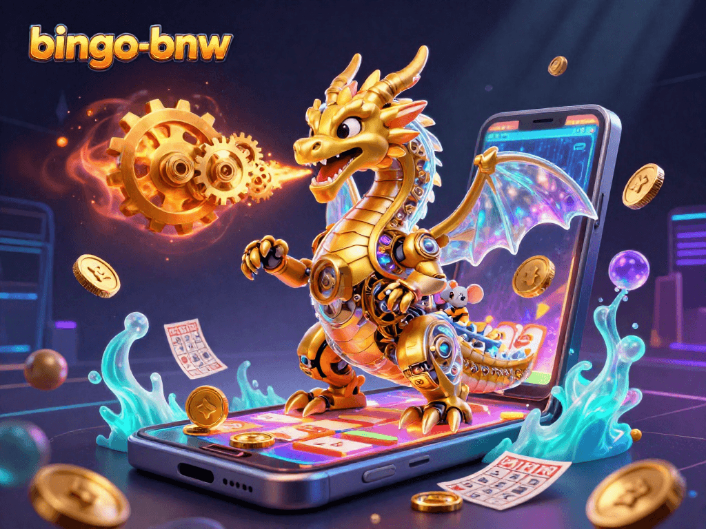 Engage in thrilling gameplay with bingo-bnw as the dragon breathes gears and golden coins erupt in a vibrant scene.