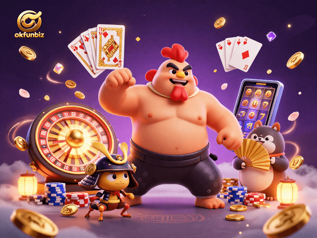 Capture the excitement of okfunbiz with a powerful sumo rooster and samurai cricket amidst vibrant casino elements.