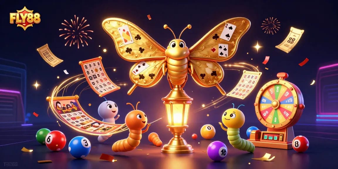 Experience the vibrant gaming world of FLY88, featuring a magical atlas moth amidst lottery excitement.