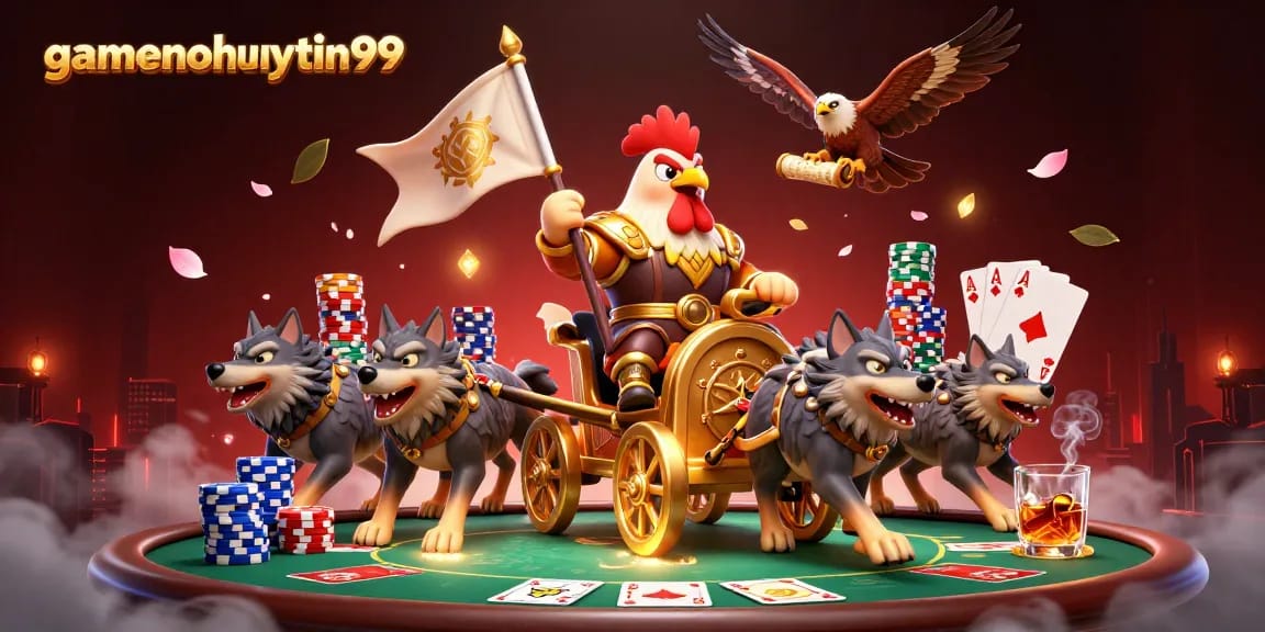 Join the gamenohuuytin99 victory with the rooster warlord commanding a thrilling poker battle scene.