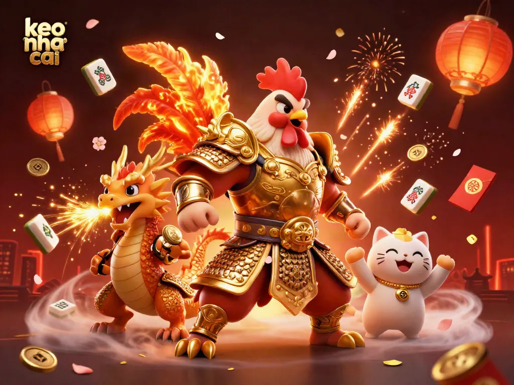 Bet on keo nha cai with a fearless rooster warrior, dragon, and festive casino elements.