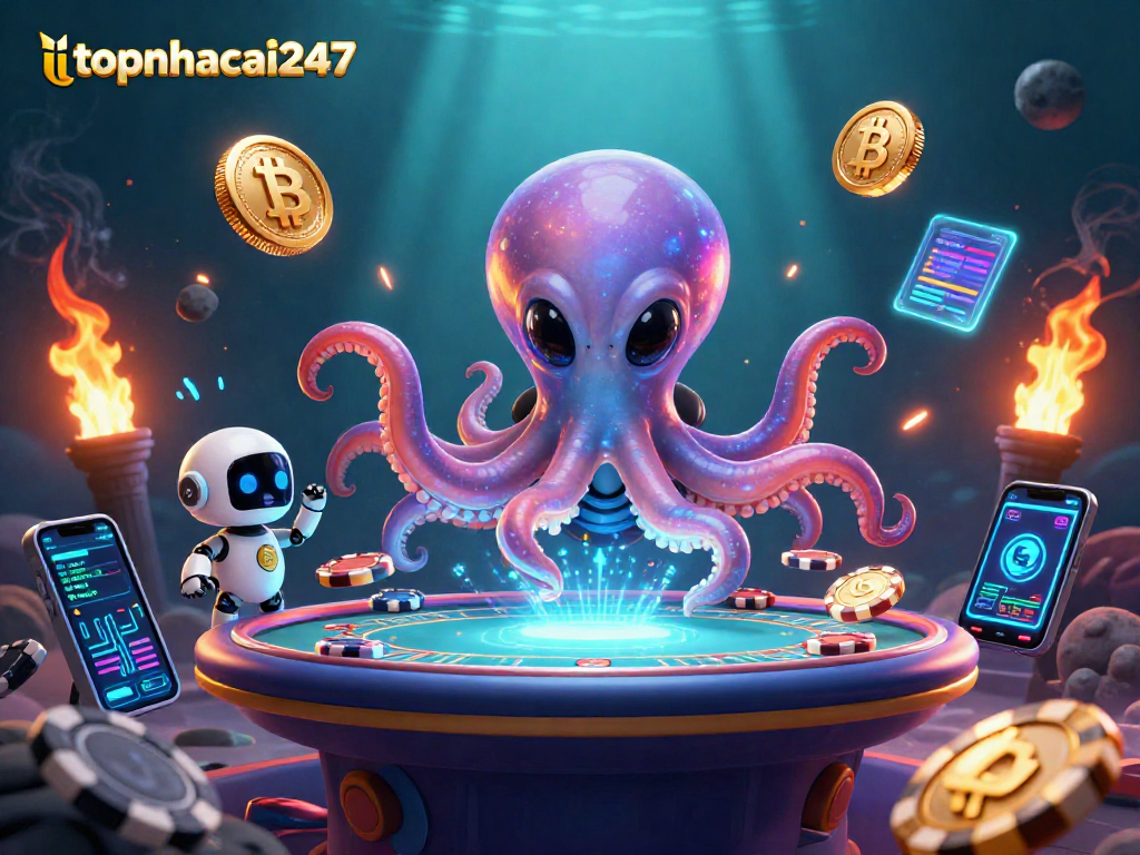 Engage with topnhacai247 as a colorful alien octopus operates a crypto-themed poker table in 3D.