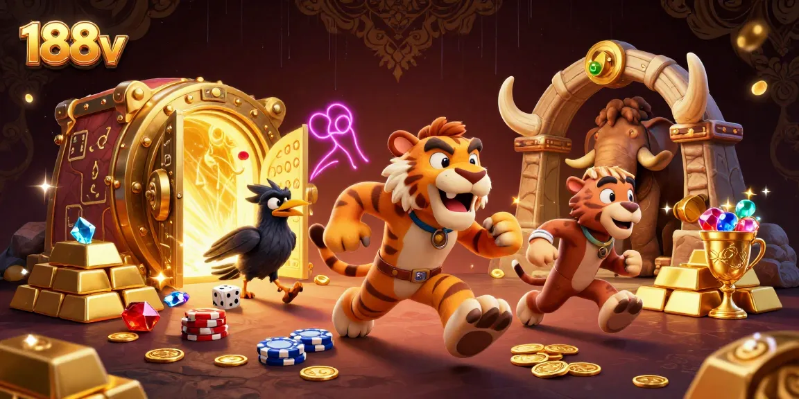 Engage with 188v's vibrant prehistoric casino featuring cartoon characters and treasure elements.