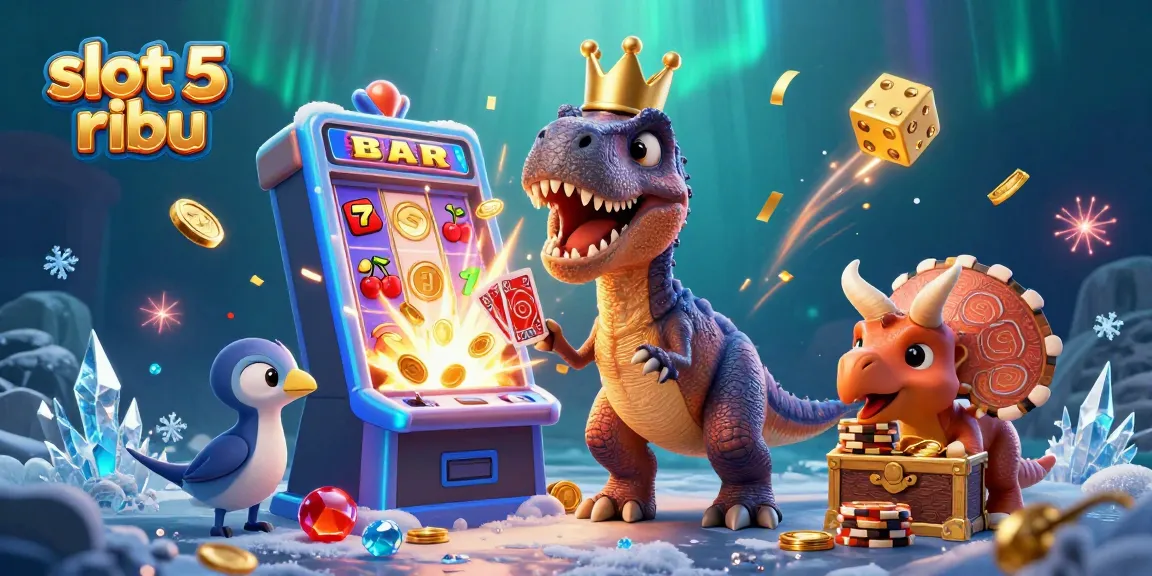 Engage with slot 5 ribu strategies during an electrifying casino scene featuring dinosaur characters.