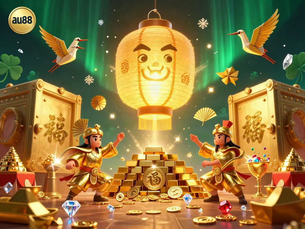Experience the magic of au88 with a vibrant 3D casino scene showcasing golden lantern spirit and treasures.