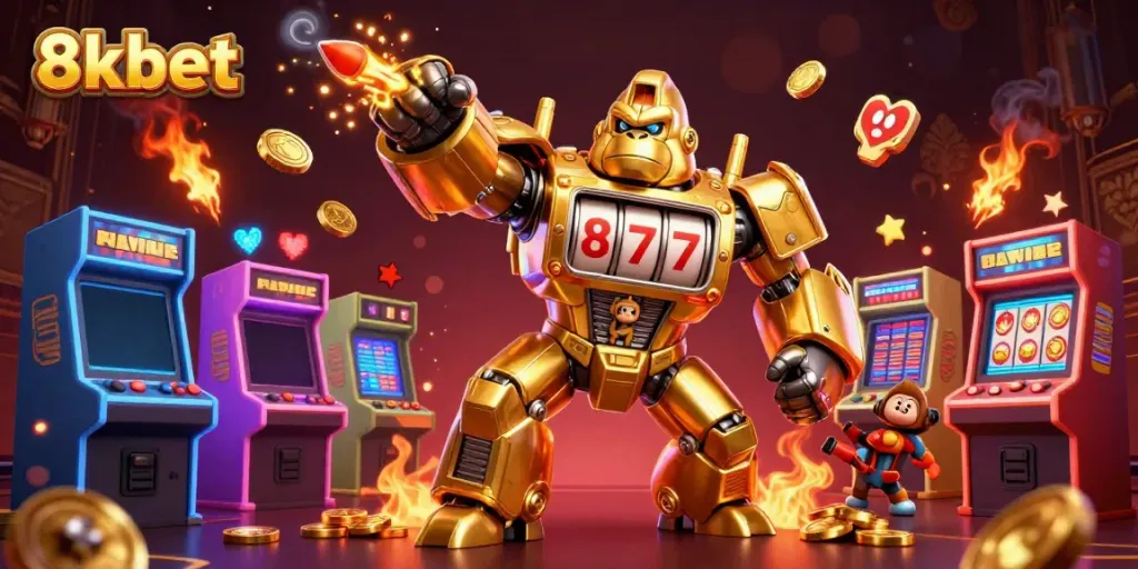 Engage in exciting slots gameplay with 8xbet featuring a dynamic golden gorilla mech bursting with coins.