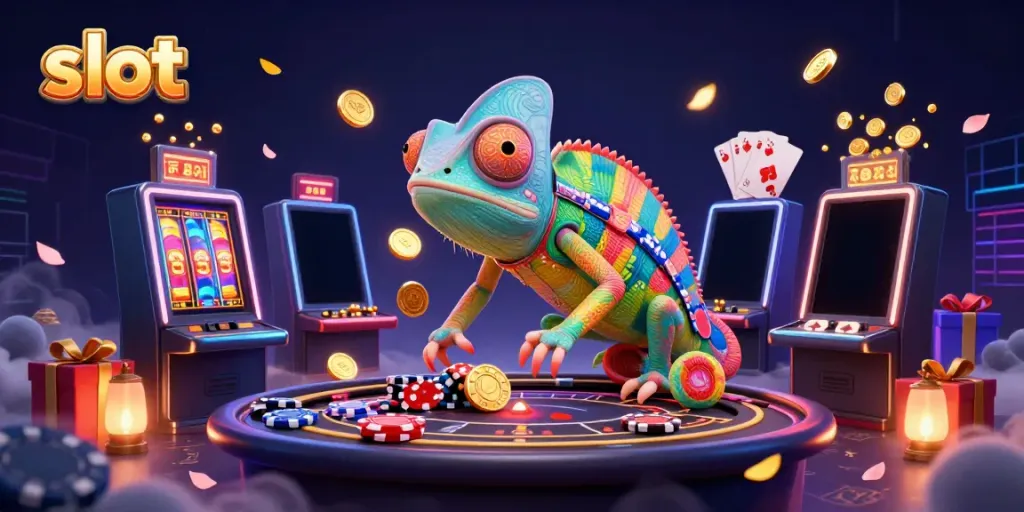 Experience vibrant slot games with a colorful chameleon casino owner snapping up golden coins in this lively 3D scene.