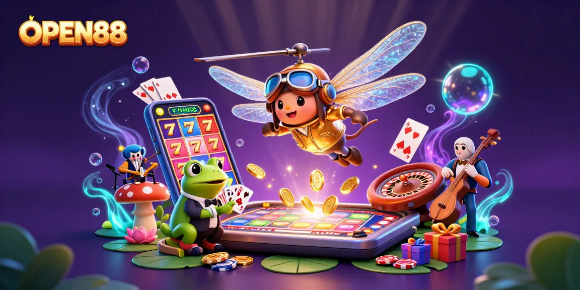 Experience the excitement of OPEN88 with a vibrant casino scene featuring colorful games and animated characters.