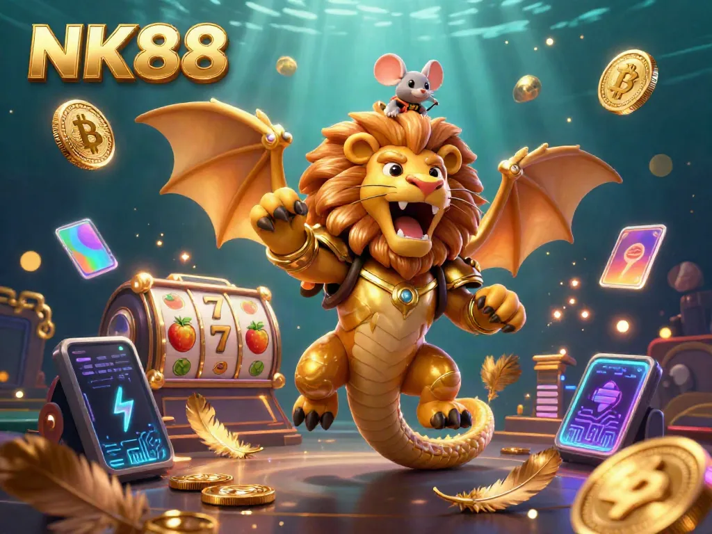 Experience casino excitement with NK88 in this vibrant 3D illustration featuring a chimera and lucky symbols.