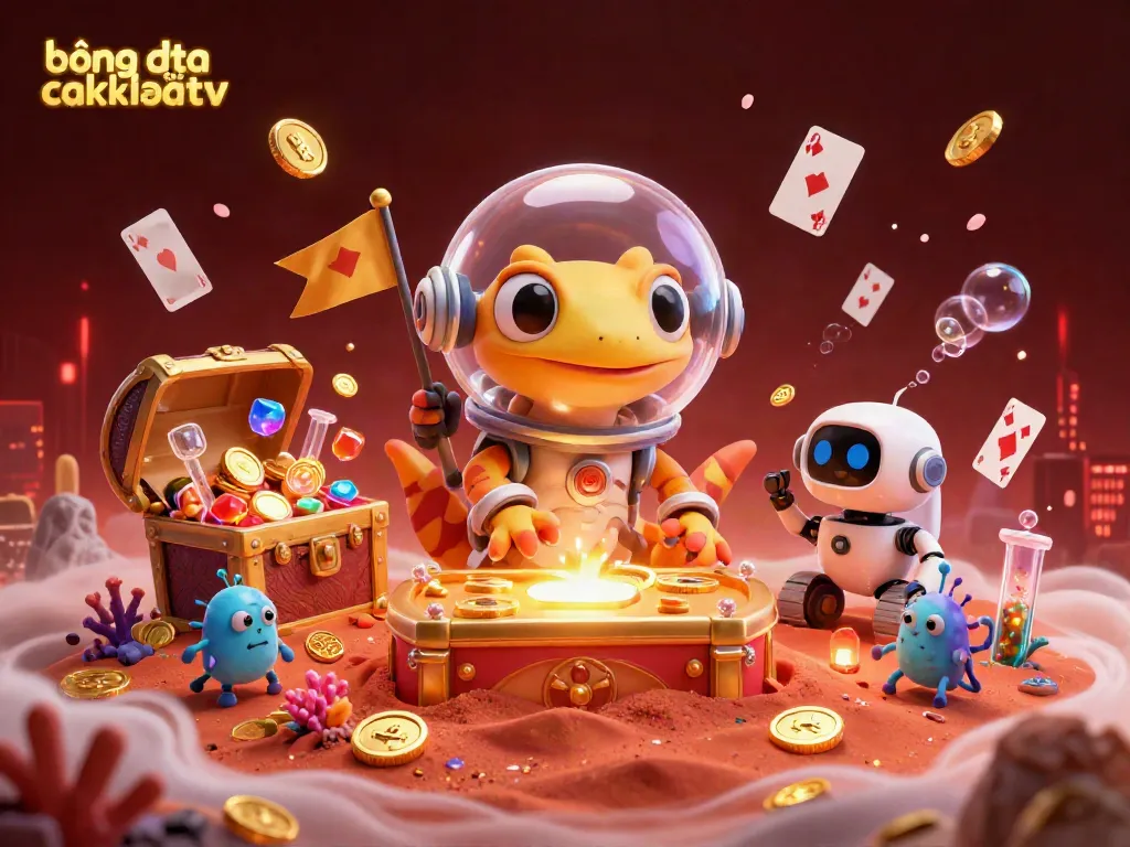 Experience bóng đá trực tuyến cakhiatv in a vibrant, ultra-detailed 3D scene featuring a Martian gecko and a robot rover.