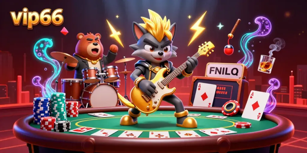 Experience thrilling moments with vip66 as a rock star wolf and drummer bear electrify the casino stage!