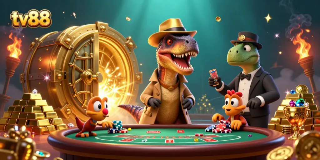 Experience the thrill of gaming at tv88 with a velociraptor card counter and vibrant casino elements.