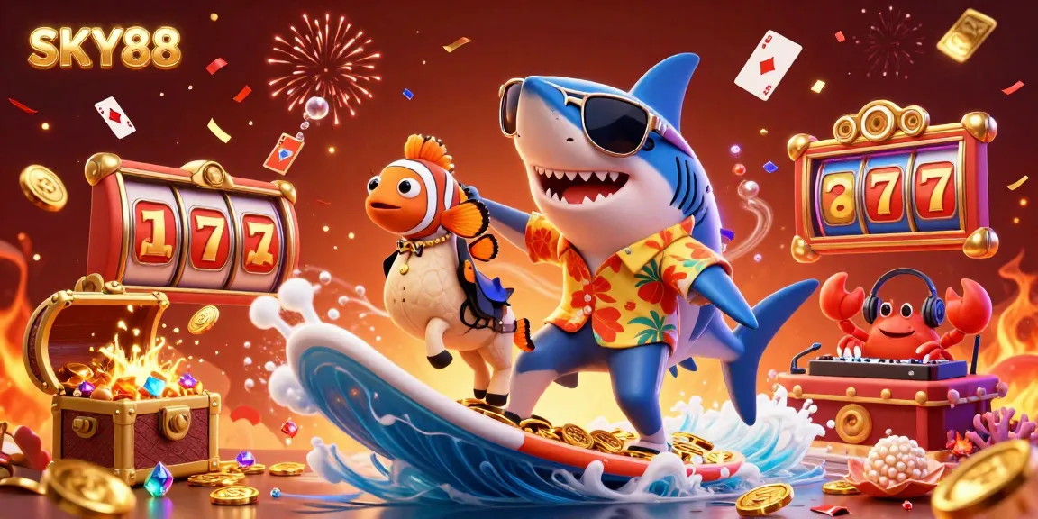 Engage with SKY88 by exploring vibrant casino elements in a colorful underwater scene.