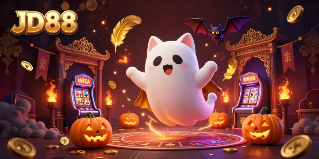Experience the thrills of JD88 with a ghost cat in a haunted casino, showcasing vibrant 3D illustration elements.