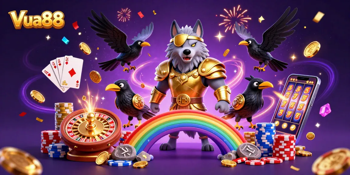 Engage with Vua88 by exploring thrilling games featuring a radiant Odin wolf and casino elements.