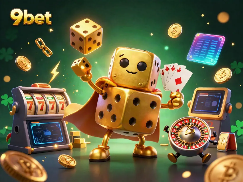 Engaging scene of 9bet's golden dice golem alongside casino elements, showcasing vibrant gaming energy.